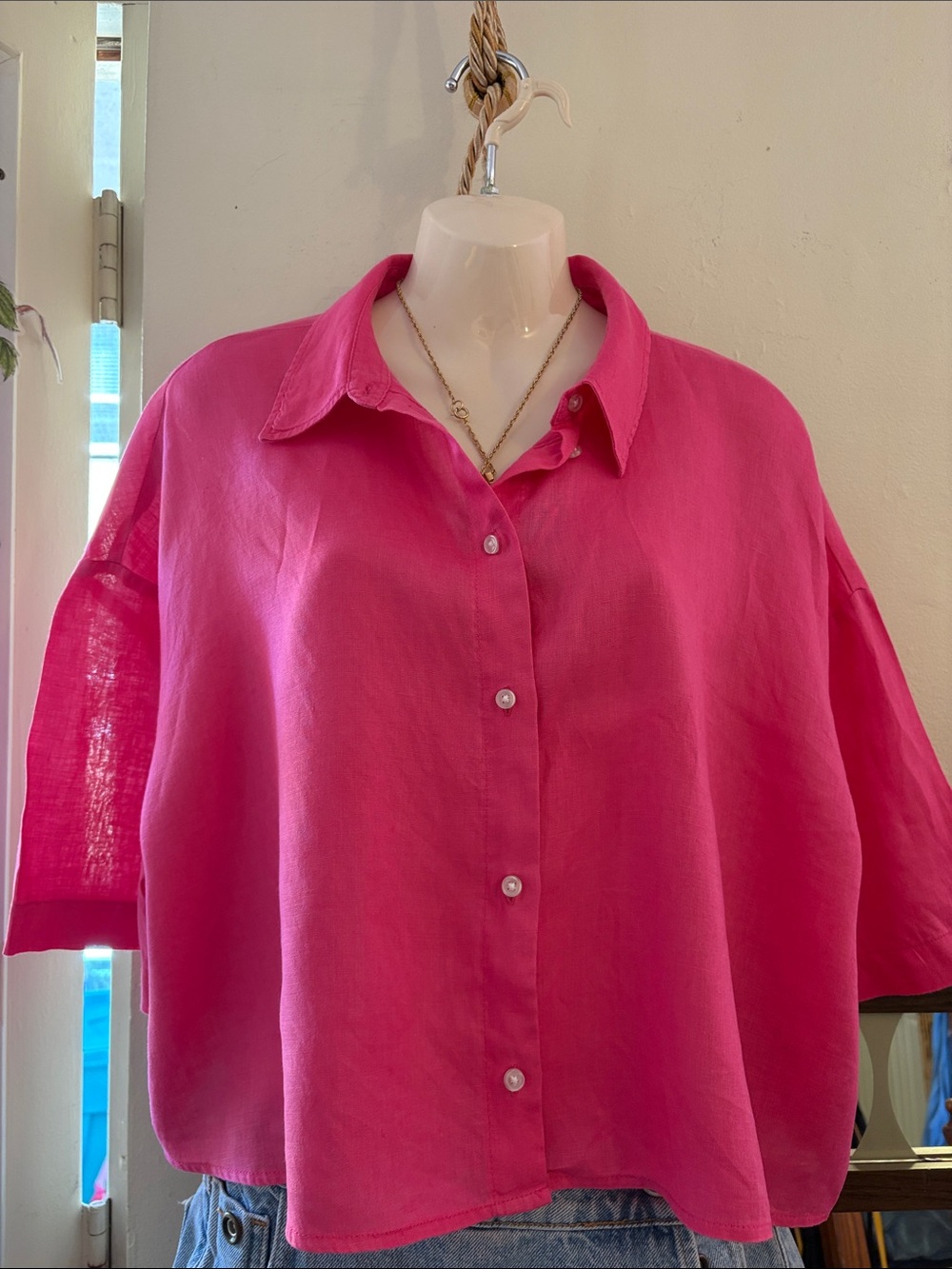 H&M Bright Pink Relaxed Button-Down Shirt. Linen